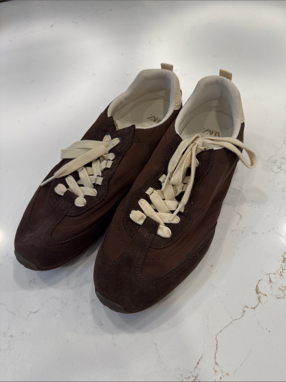 Zara Dark Brown Suede Sneakers with Cream Laces